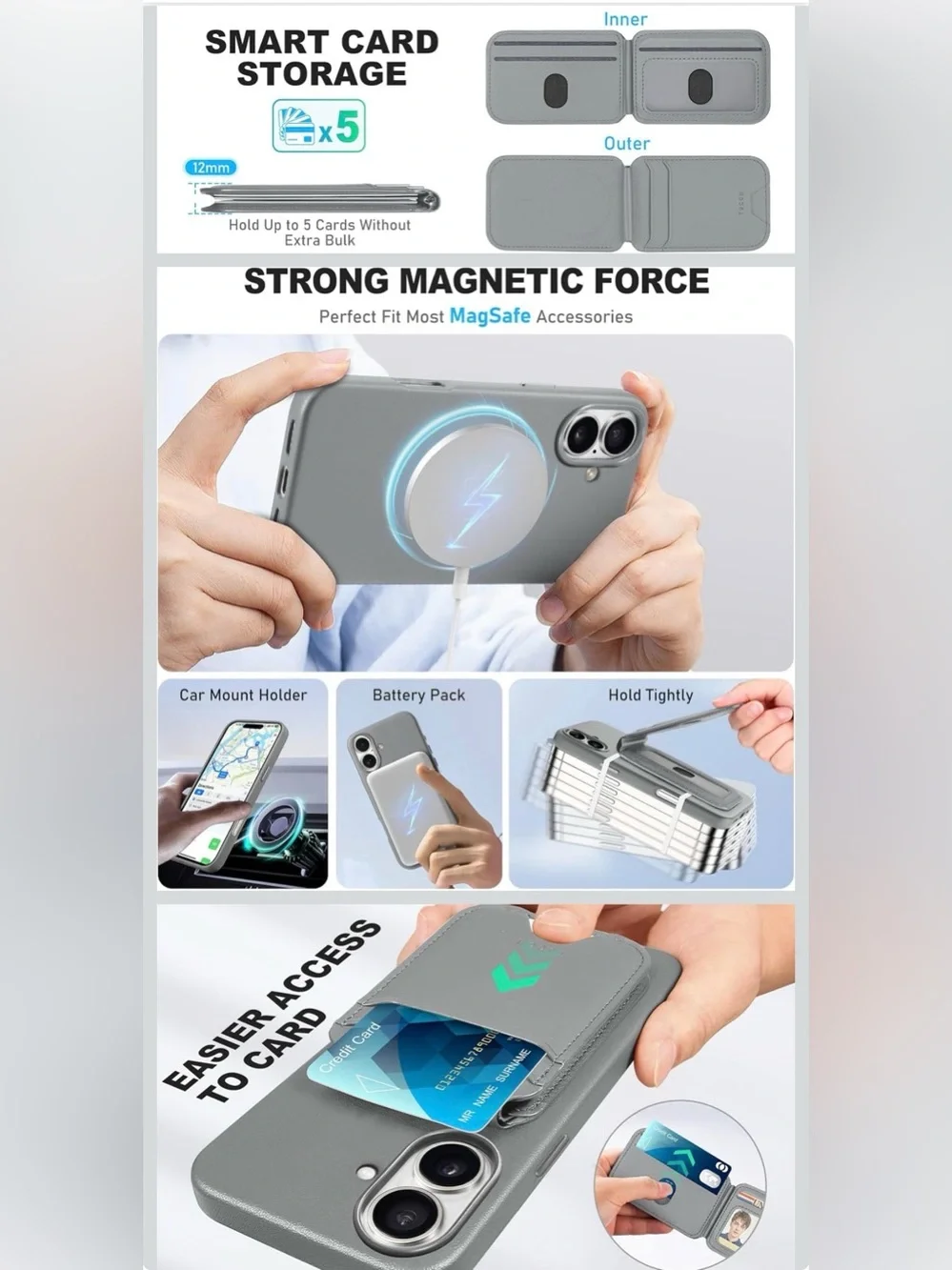 Gray RFID Blocking Magnetic Wallet & Phone Case for IPhone 16